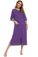Zip Up Slit Round Neck Night Dress with Pockets Sleep Dresses - Tophatter Daily Deals