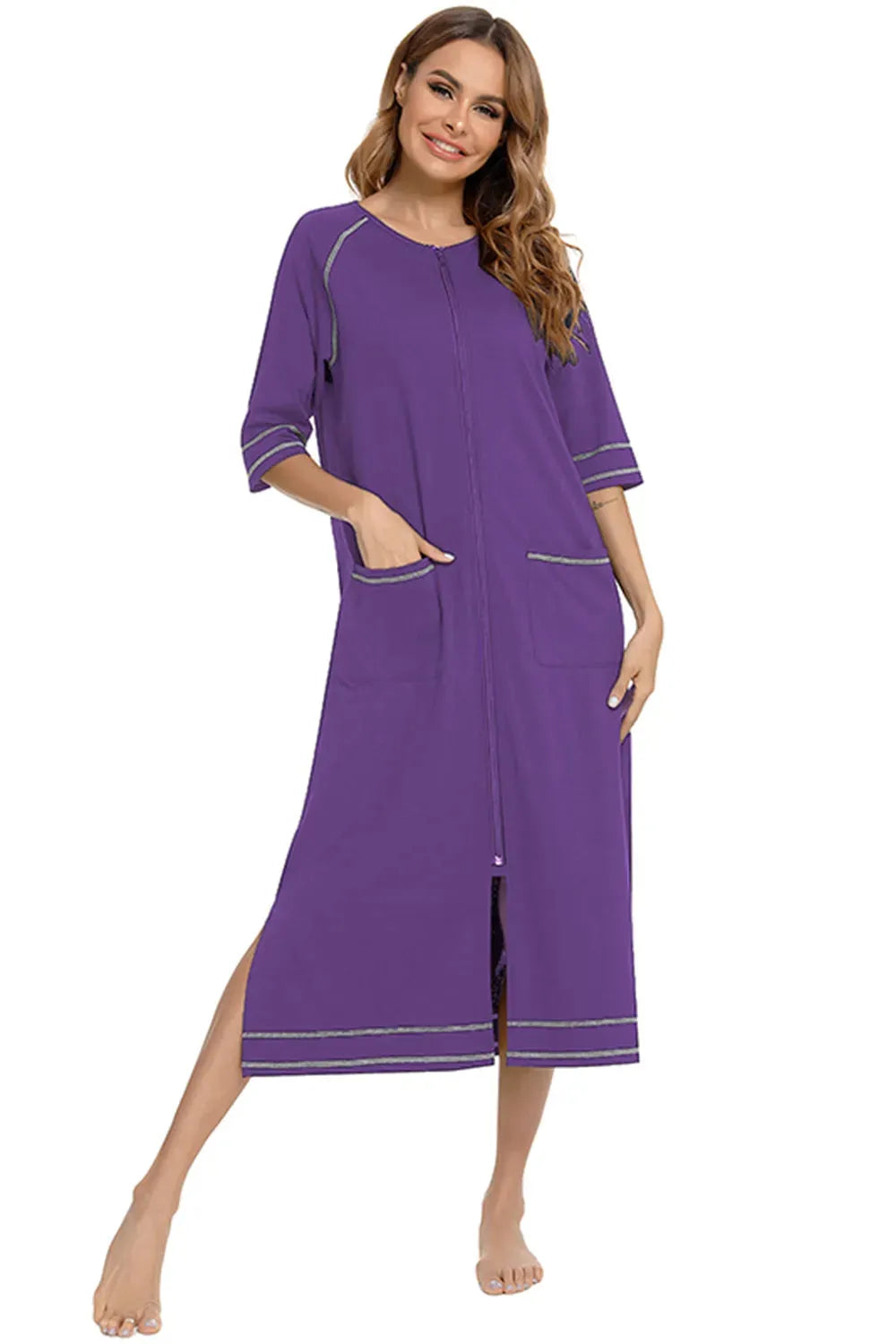 Zip Up Slit Round Neck Night Dress with Pockets Sleep Dresses - Tophatter Daily Deals