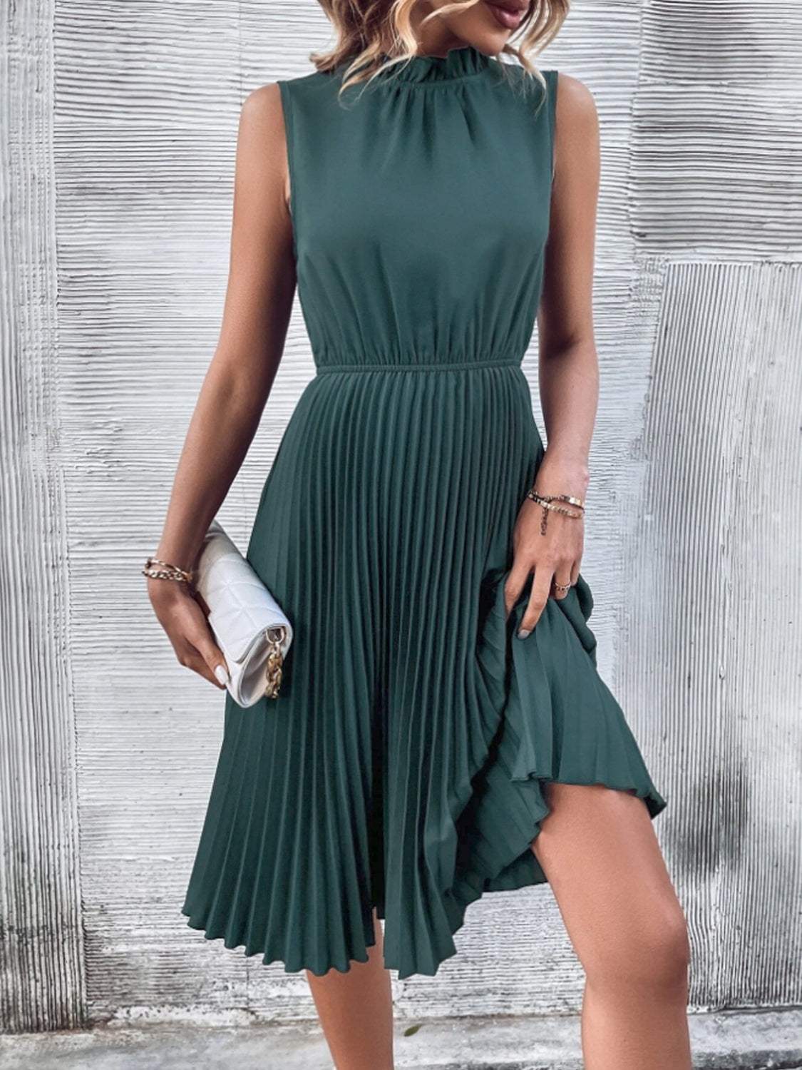 Pleated Frill Mock Neck Sleeveless Dress Casual Dresses - Tophatter Daily Deals