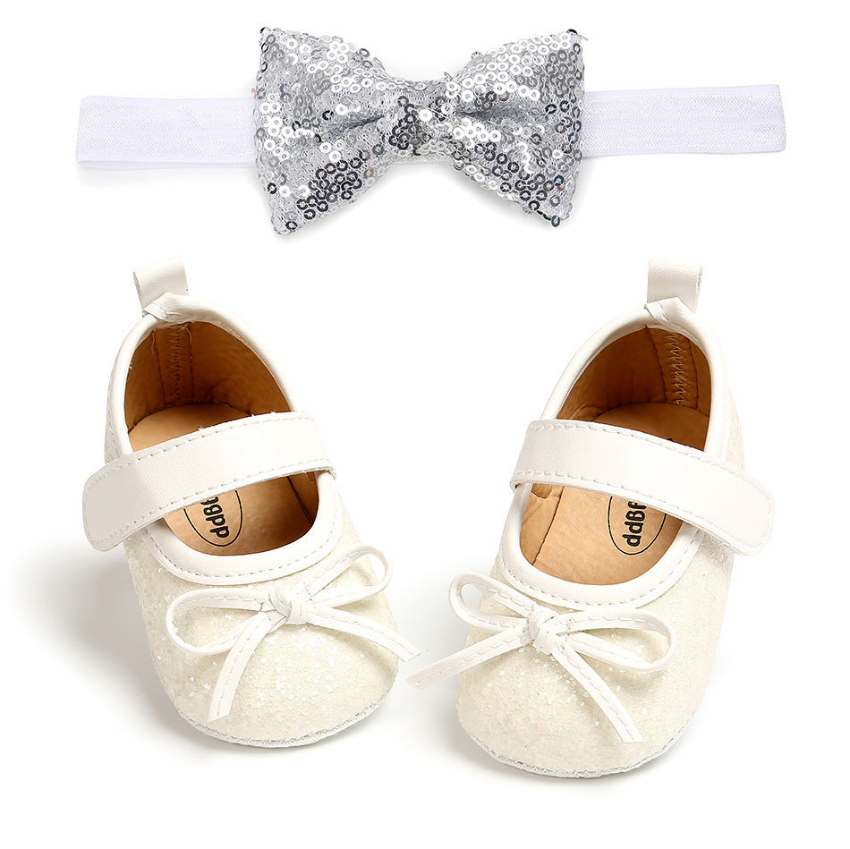 Baby shoes soft sole non-slip toddler shoes 2-piece headband White 0 - Tophatter Daily Deals