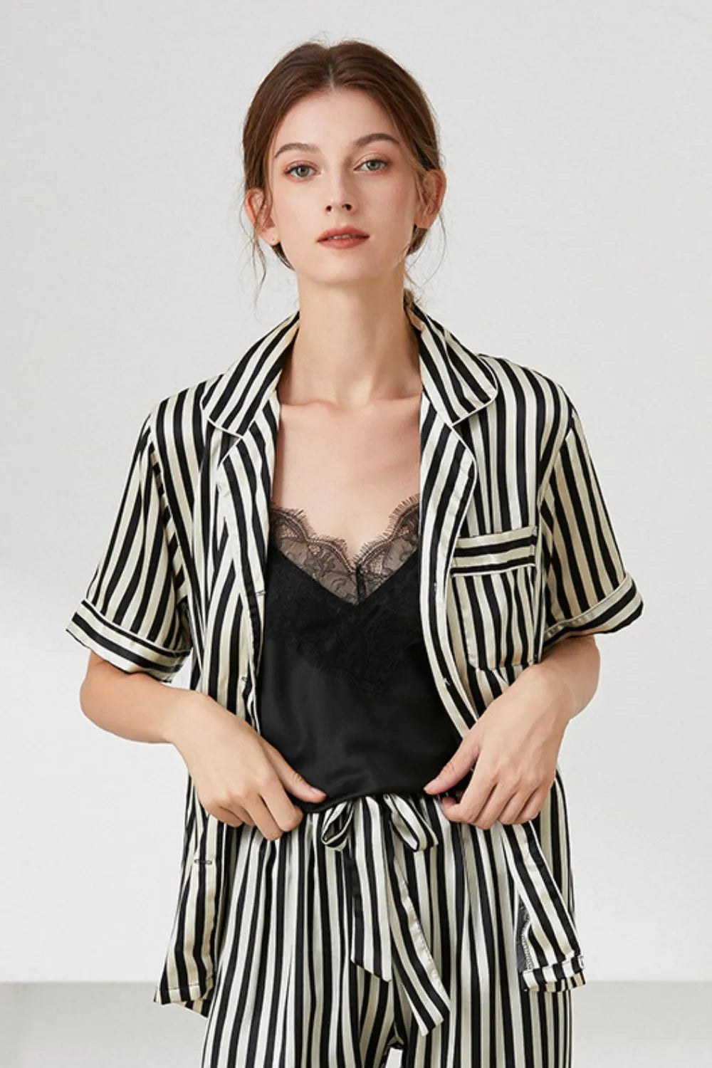 Striped Short Sleeve Shirt, Pants, and Cami Pajama Set Loungewear Sets - Tophatter Daily Deals