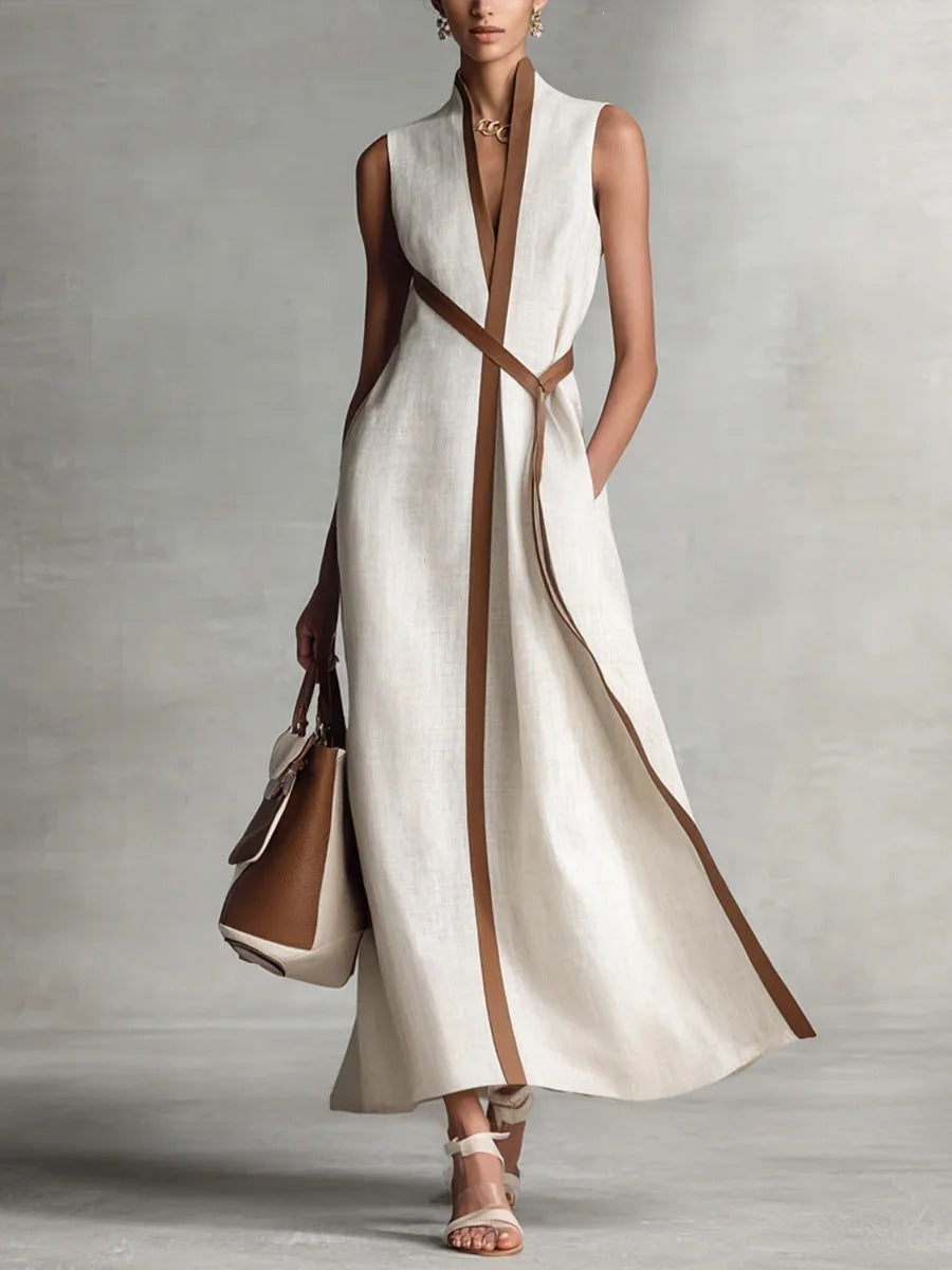 Women's Color Block Sleeveless Stand Collar Linen Blend Dress White XL Women's Dresses - Tophatter Daily Deals