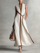 Women's Color Block Sleeveless Stand Collar Linen Blend Dress White XL Women's Dresses - Tophatter Daily Deals