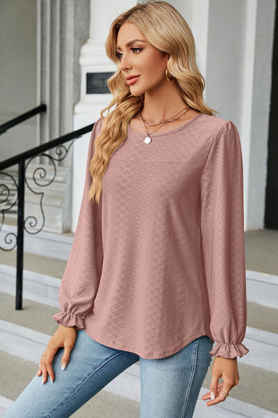 Round Neck Flounce Sleeve T-Shirt Light Mauve Women's T-Shirts - Tophatter Daily Deals