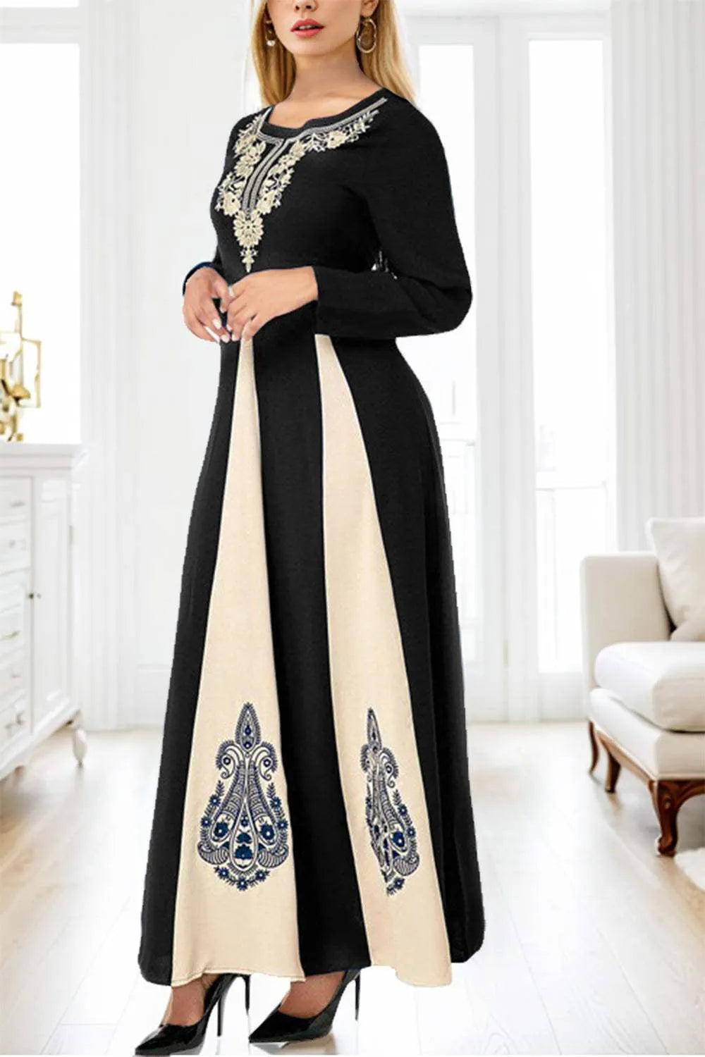 Printed Round Neck Long Sleeve Maxi Dress Casual Dresses - Tophatter Daily Deals