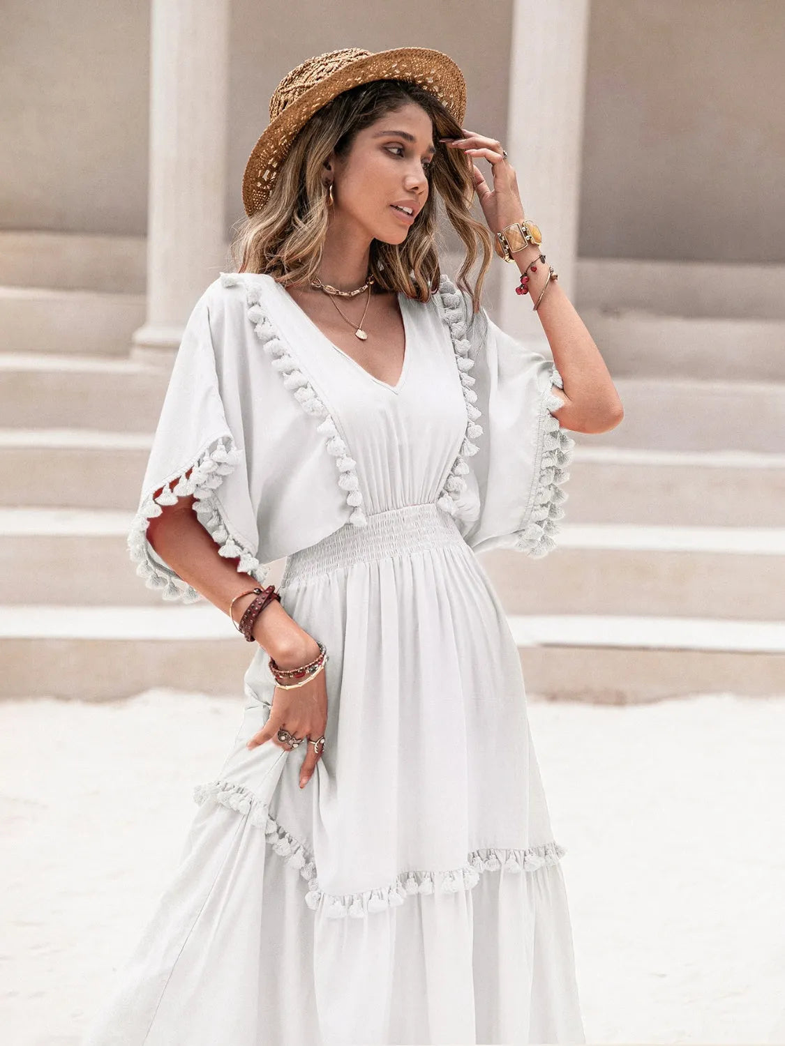 Tassel Trim Smocked V-Neck Short Sleeve Dress Casual Dresses - Tophatter Daily Deals