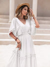 Tassel Trim Smocked V-Neck Short Sleeve Dress White Casual Dresses - Tophatter Daily Deals