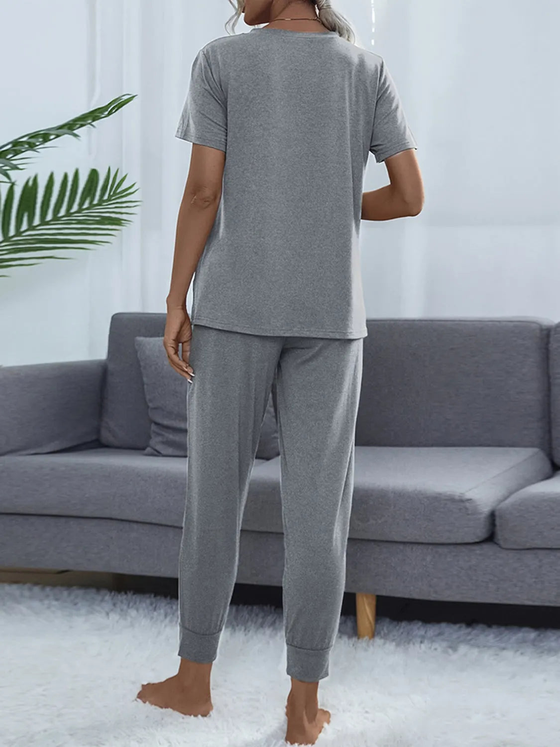 Round Neck Short Sleeve Top and Pants Set Loungewear Sets - Tophatter Daily Deals