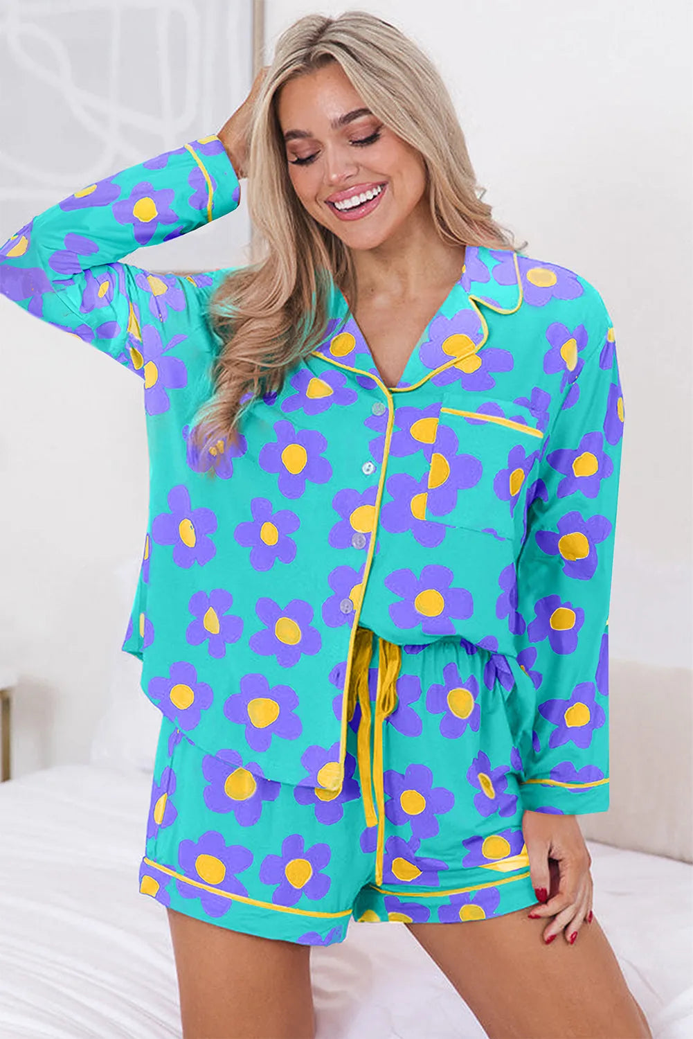 Green Flower Print Long Sleeve Shirt Shorts Pajamas Set Loungewear & Sleepwear/Sleepwear - Tophatter Daily Deals