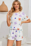 Floral Round Neck Raglan Sleeve Top and Shorts Lounge Set White Loungewear Sets - Tophatter Daily Deals