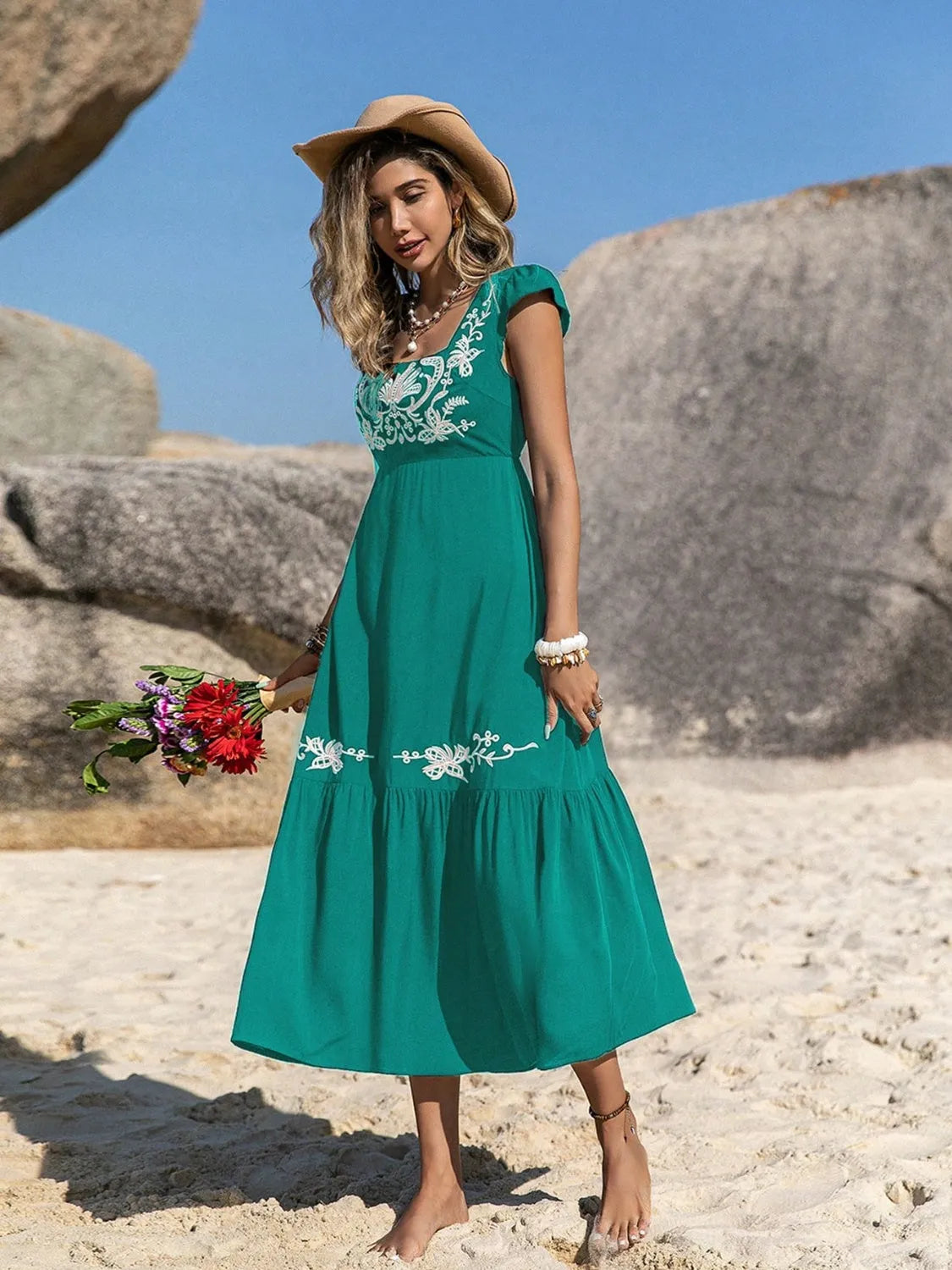 Embroidered Square Neck Cap Sleeve Dress Casual Dresses - Tophatter Daily Deals