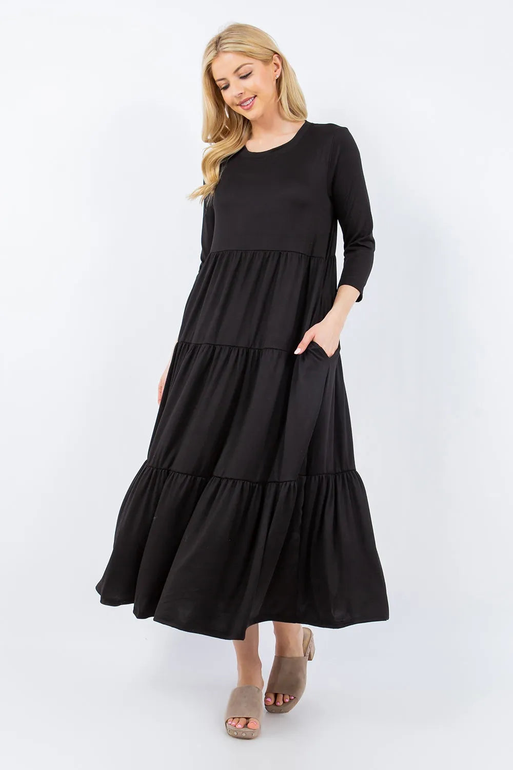 Celeste Full Size Tiered Midi Dress with Pockets Casual Dresses - Tophatter Daily Deals