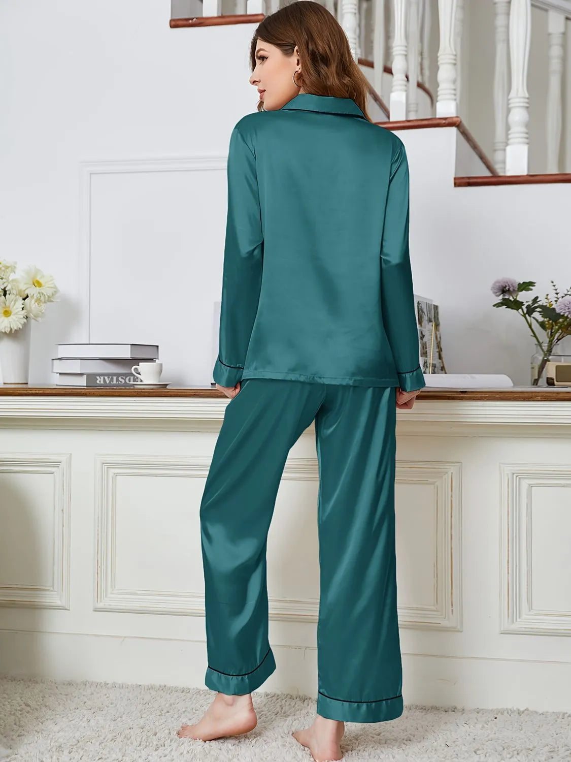 Lapel Collar Long Sleeve Top and Pants Pajama Set Loungewear Sets - Tophatter Daily Deals