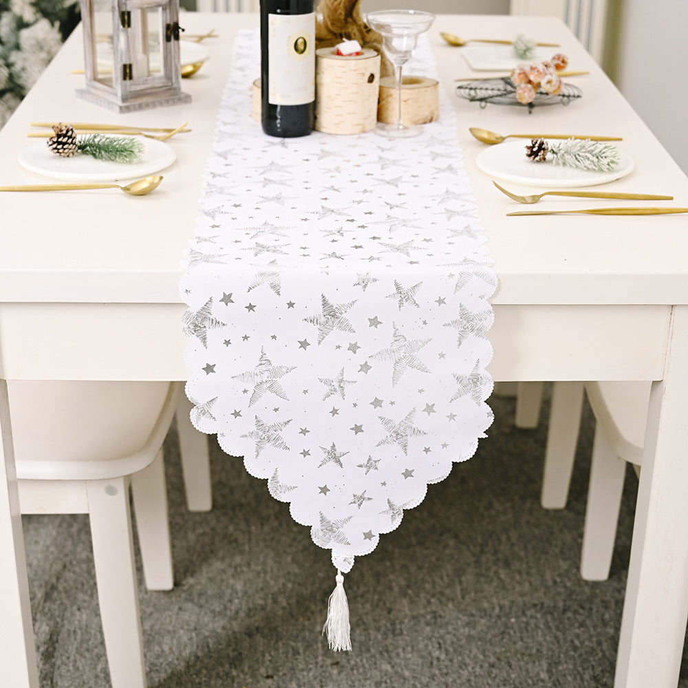 Bronzing White Table Runner Home Table Cloth Fabric Silver star 0 - Tophatter Daily Deals