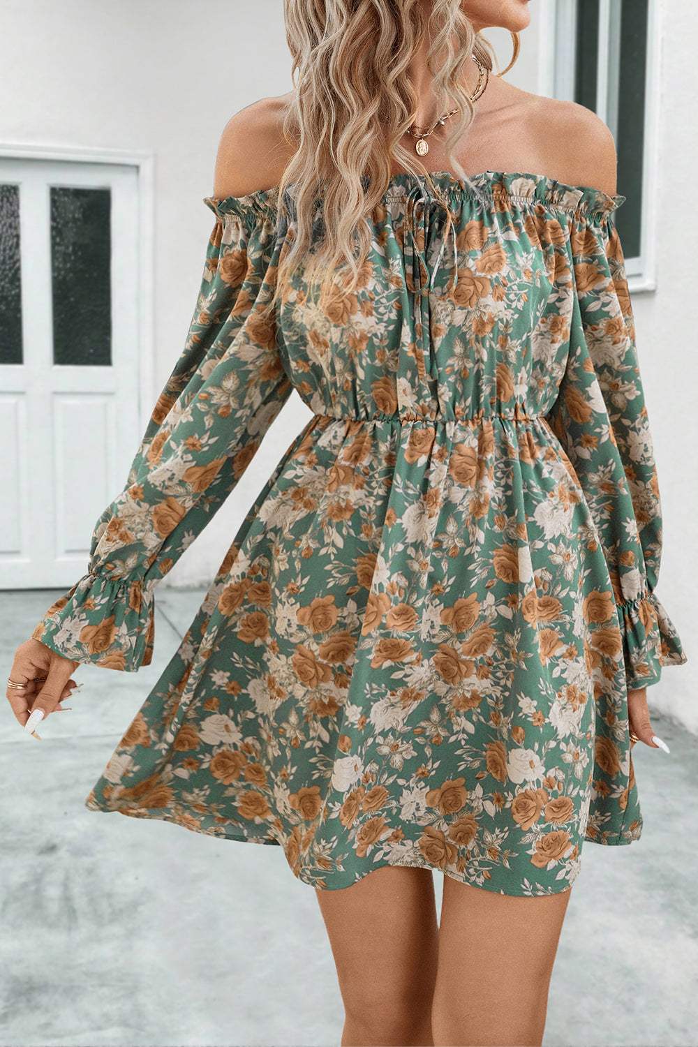 Floral Off-Shoulder Flounce Sleeve Dress Gum Leaf Casual Dresses - Tophatter Daily Deals