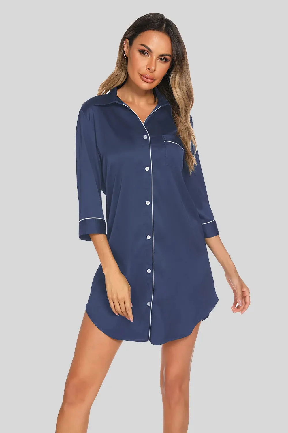 Button Up Collared Neck Night Dress with Pocket French Blue Sleep Dresses - Tophatter Daily Deals
