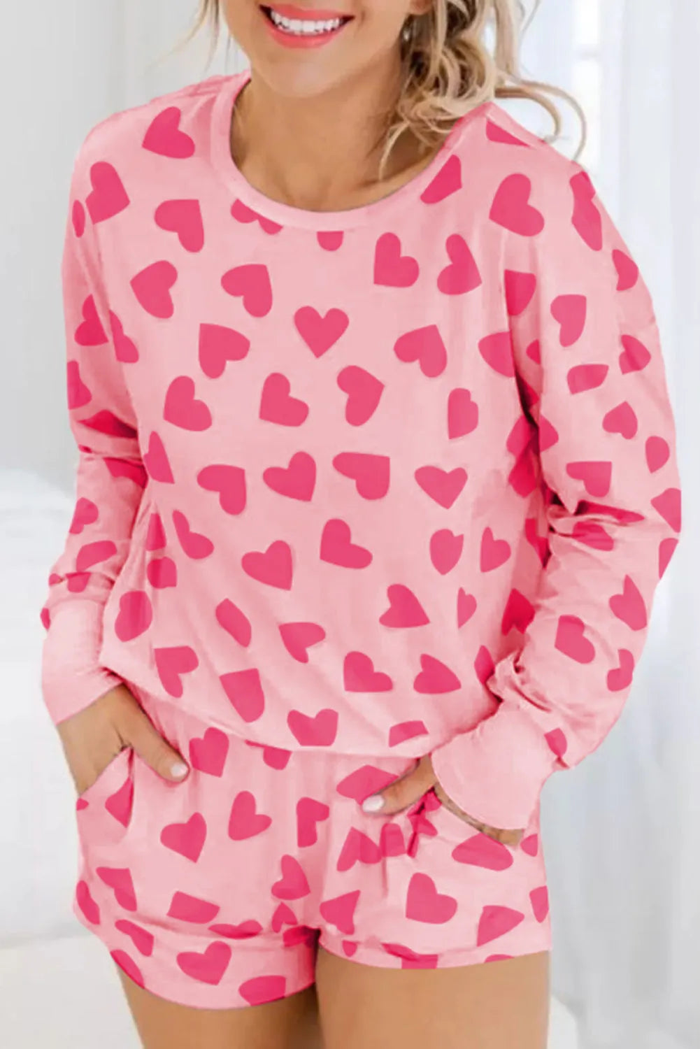 Heart Print Round Neck Top and Shorts Lounge Set Strawberry Loungewear Sets - Tophatter Daily Deals