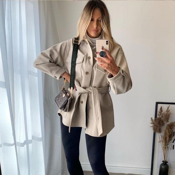 Turn Down Collar Jackets Fashion Tie Belt Waist Coats Women Elegant Pockets Jacket - Tophatter Daily Deals