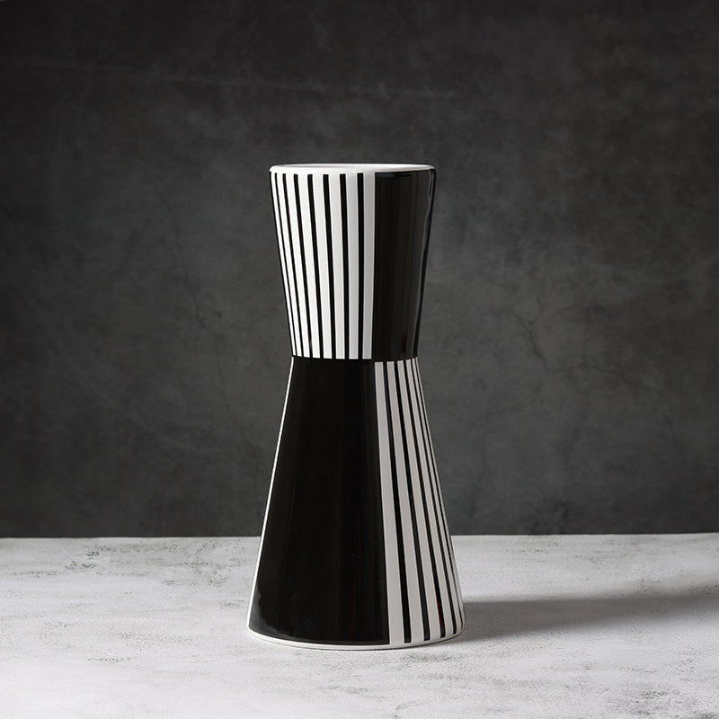 Black And White Striped Geometric Ceramic Vase Flower Ornaments 13.3x13.3x27.7CM 0 - Tophatter Daily Deals