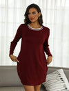 Contrast Round Neck Long Sleeve Lounge Dress Wine Sleep Dresses - Tophatter Daily Deals