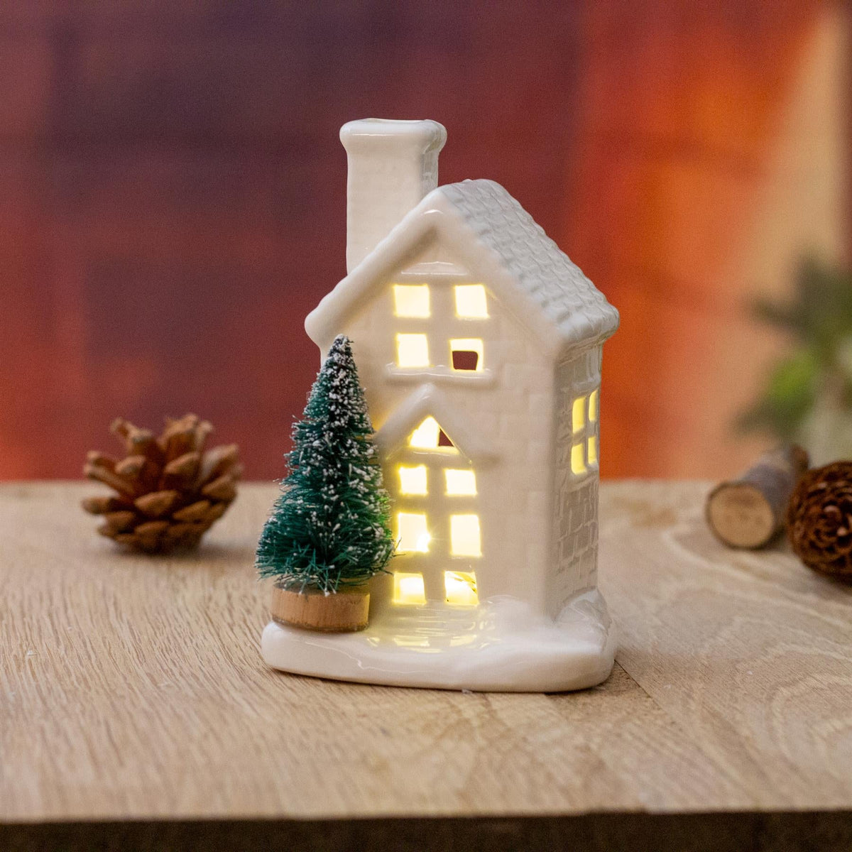Mini White Ceramic LED Christmas House with Trees Ornament | Light up Decoration Ornament - Tophatter Daily Deals