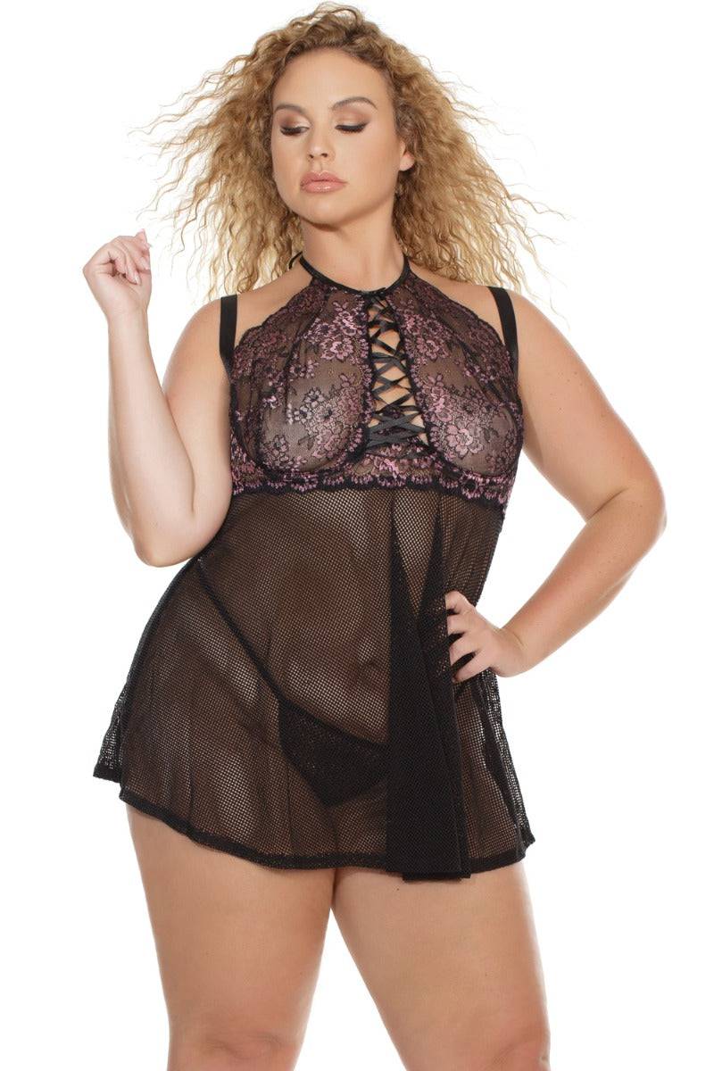 Coquette - 3837 - Babydoll & G-String - Black/Lilac Black Lingerie - Tophatter Daily Deals