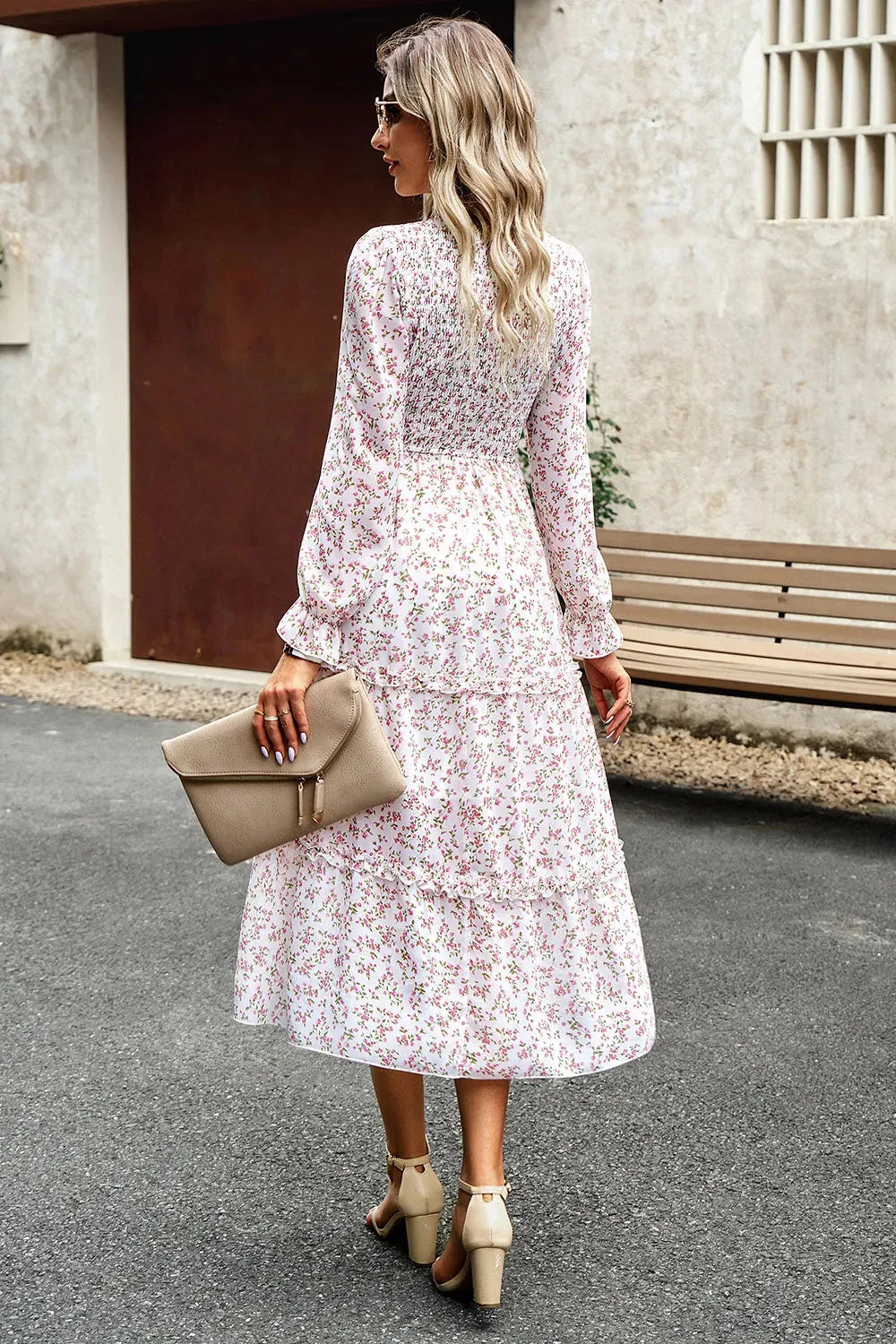 Smocked Flounce Sleeve Midi Dress Casual Dresses - Tophatter Daily Deals