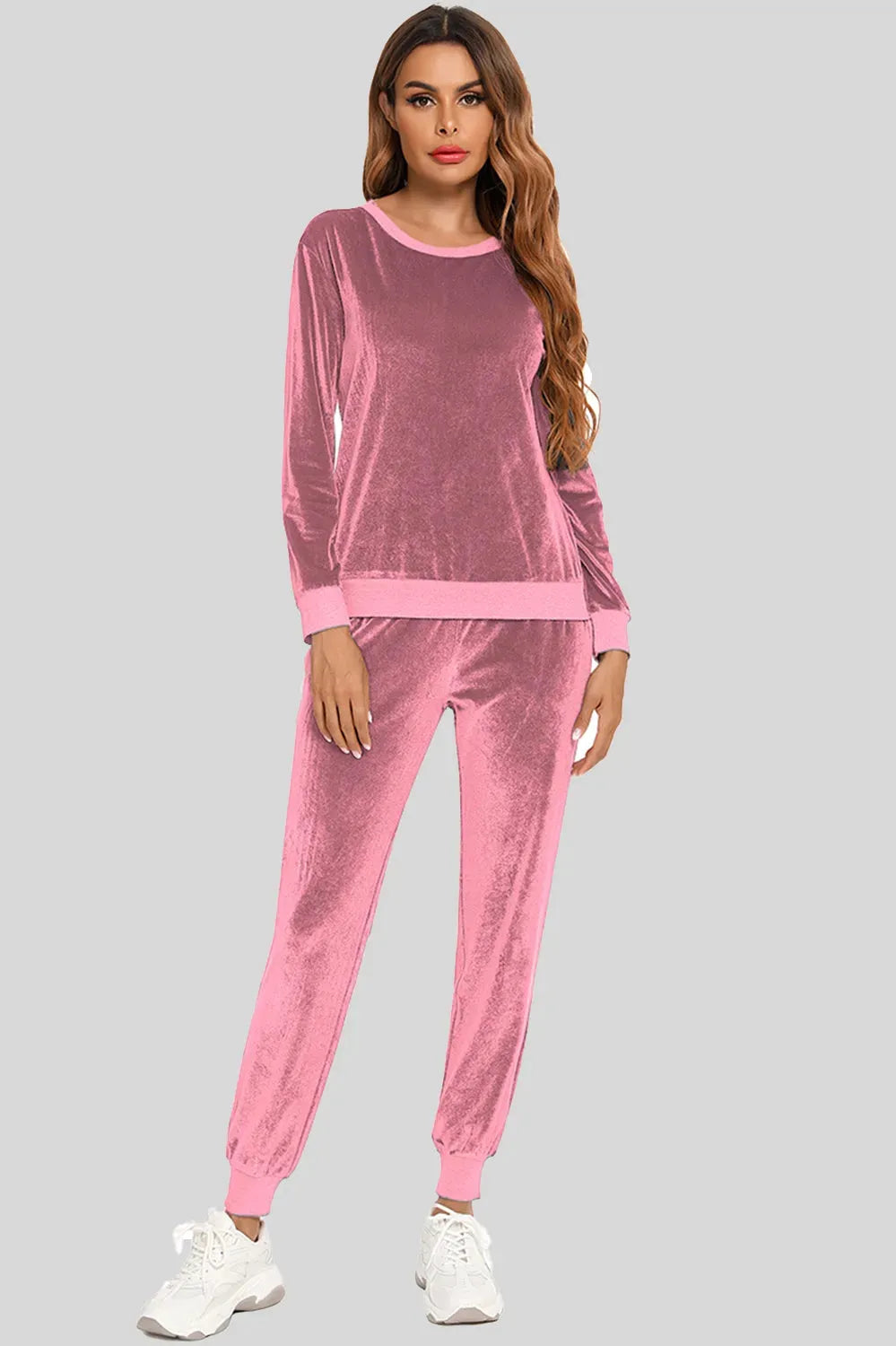 Round Neck Long Sleeve Loungewear Set with Pockets Dusty Pink Loungewear Sets - Tophatter Daily Deals