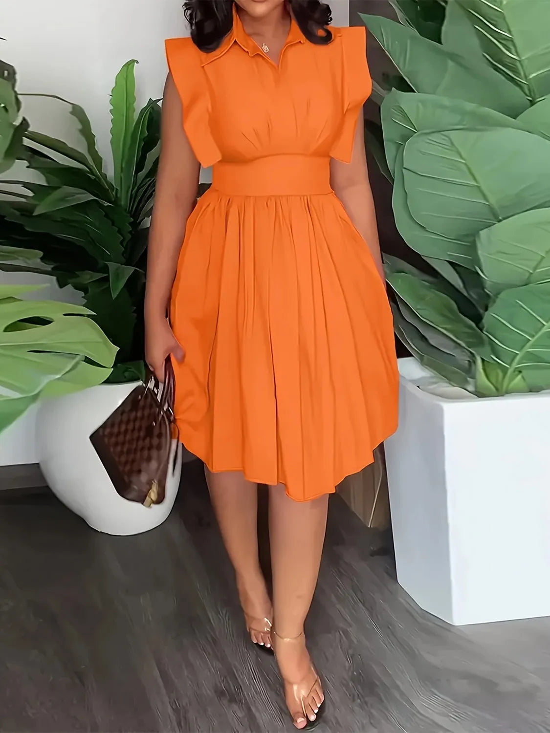 Plus Size Ruffled Collared Neck Cap Sleeve Dress Orange Casual Dresses - Tophatter Daily Deals