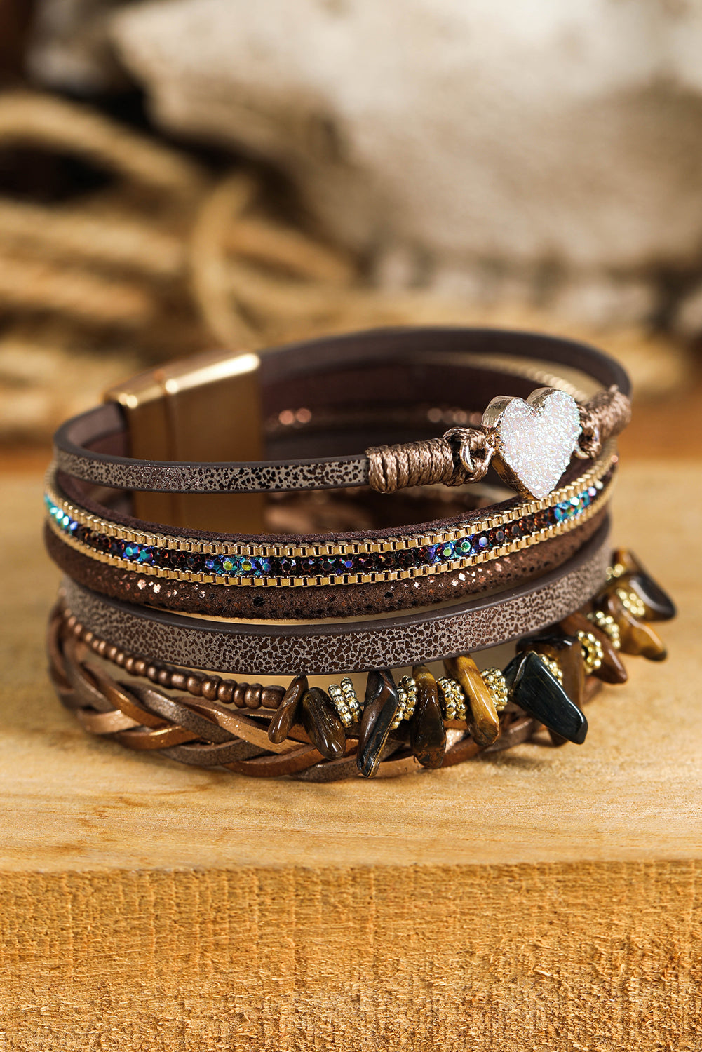 Brown Glittering Heart Accent Multi-layer Vintage PU Bracelet Bracelets - Tophatter Daily Deals