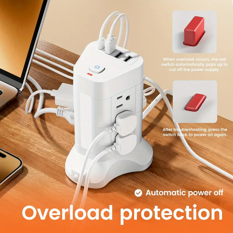 14-in-1 Power Strip Tower with 4 USB Ports & 9 AC Outlets, 10ft Extension Cable, Adjustable 3-Color Night Light Electronics - Tophatter Daily Deals