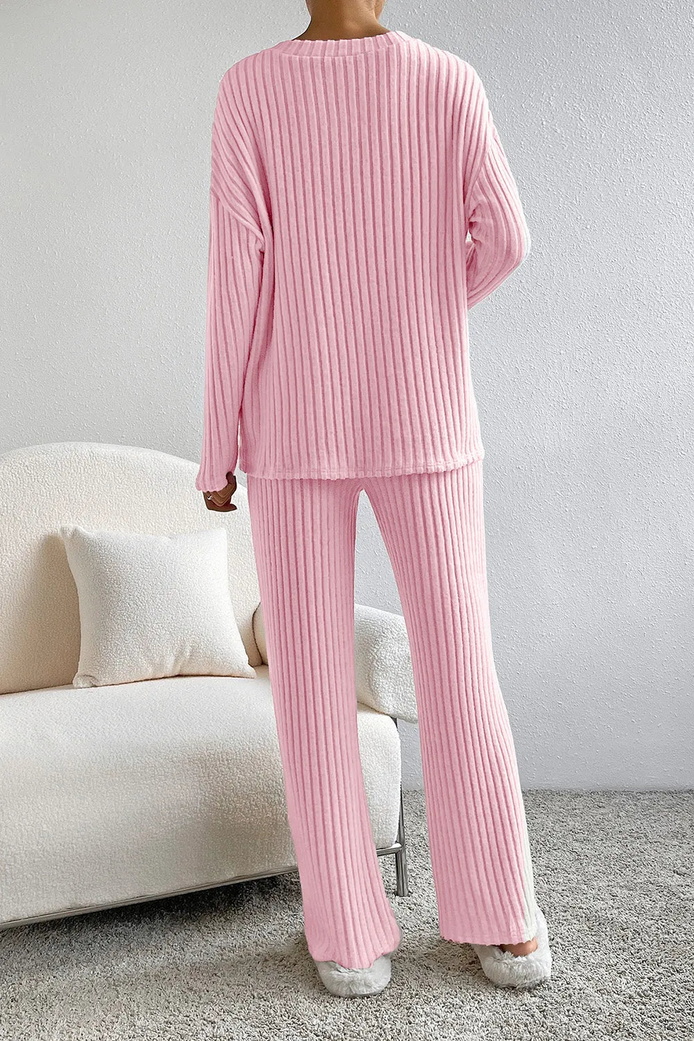 Light Pink Ribbed Knit V Neck Slouchy Two-piece Outfit Loungewear & Sleepwear/Loungewear - Tophatter Daily Deals