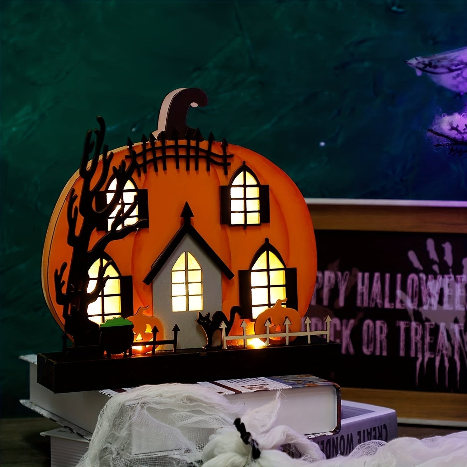 Wooden Lighted Pumpkin House Halloween Tabletop Decoration Halloween - Tophatter Daily Deals