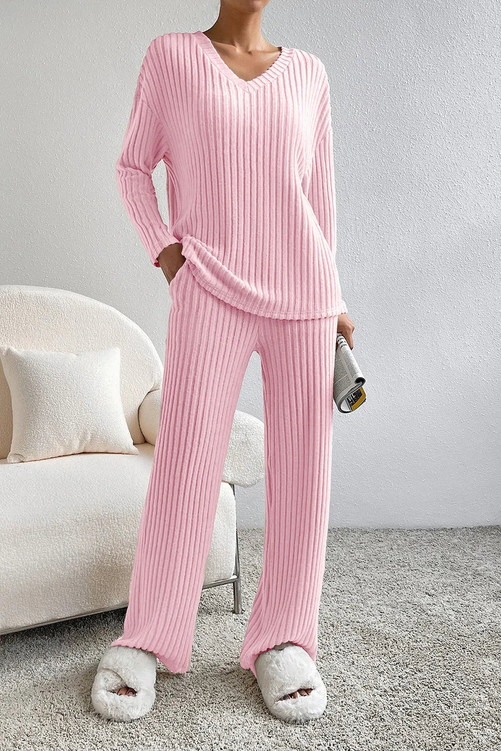 Light Pink Ribbed Knit V Neck Slouchy Two-piece Outfit Loungewear & Sleepwear/Loungewear - Tophatter Daily Deals
