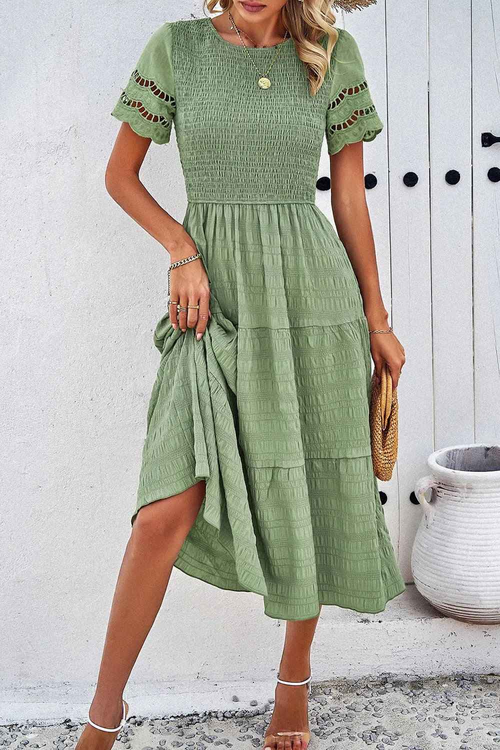 Smocked Round Neck Short Sleeve Midi Dress Sage Casual Dresses - Tophatter Daily Deals