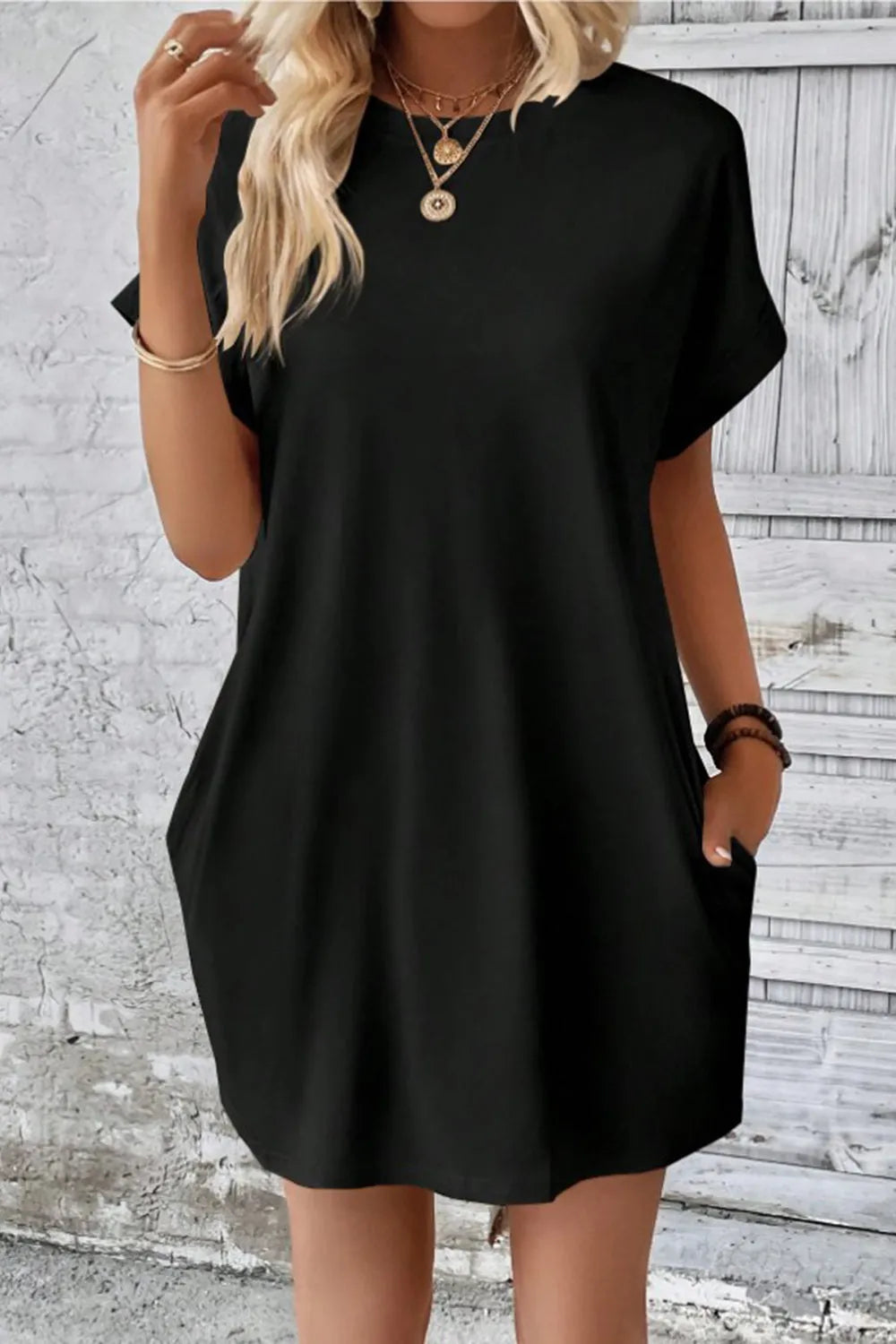 Pocketed Round Neck Short Sleeve Dress Black Casual Dresses - Tophatter Daily Deals