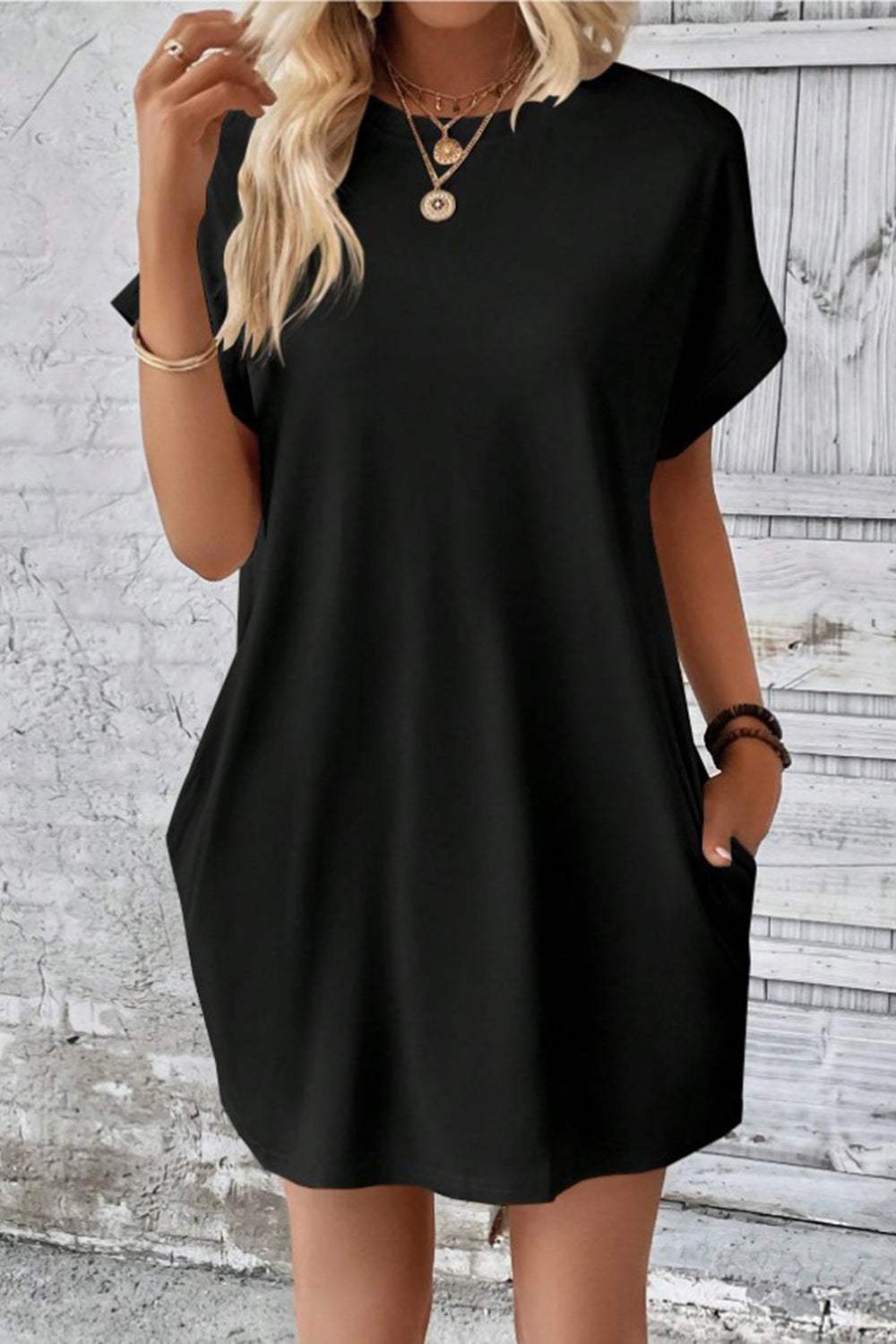 Pocketed Round Neck Short Sleeve Dress Casual Dresses - Tophatter Daily Deals