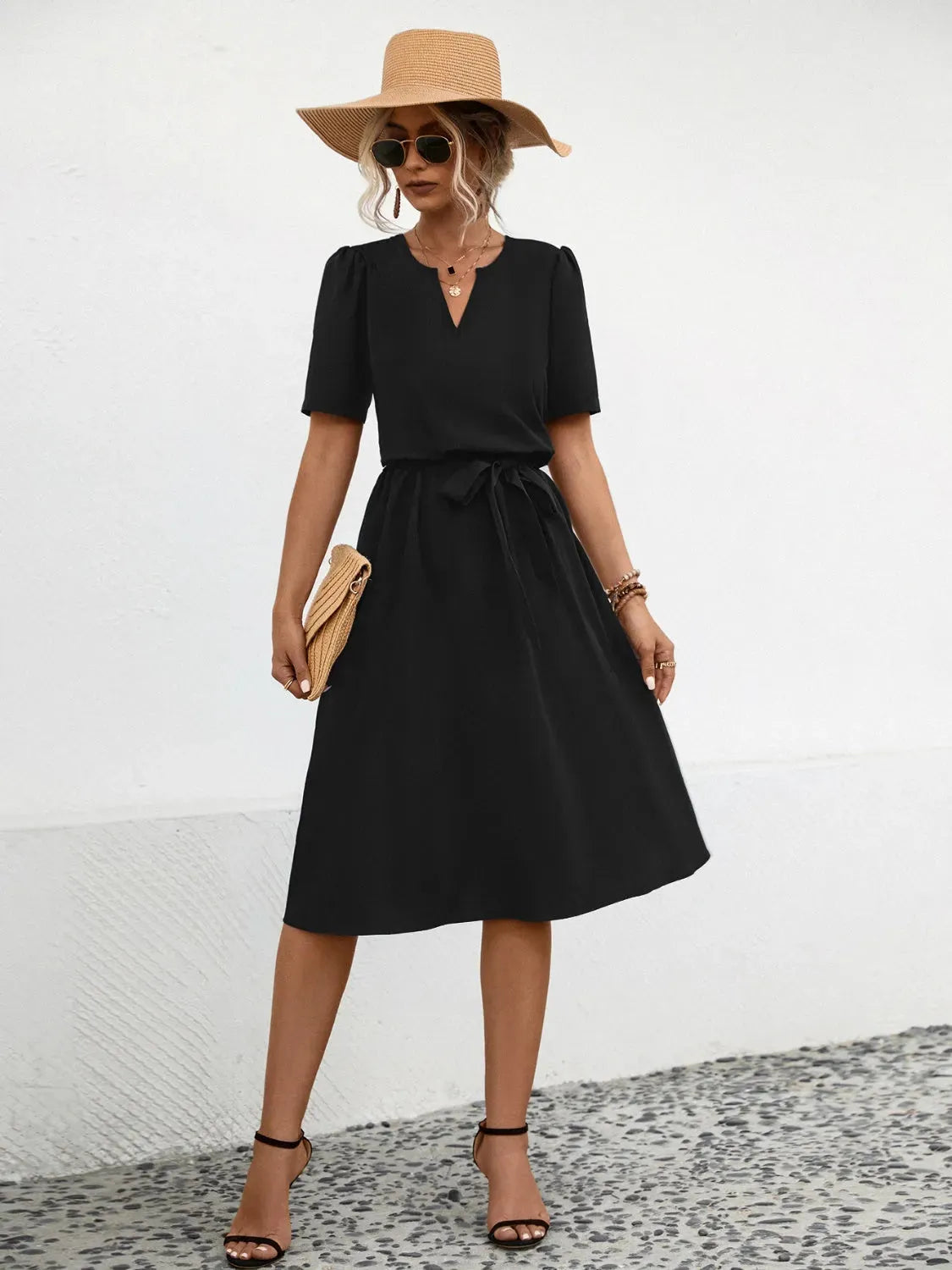 Tied Notched Short Sleeve Dress Black Casual Dresses - Tophatter Daily Deals