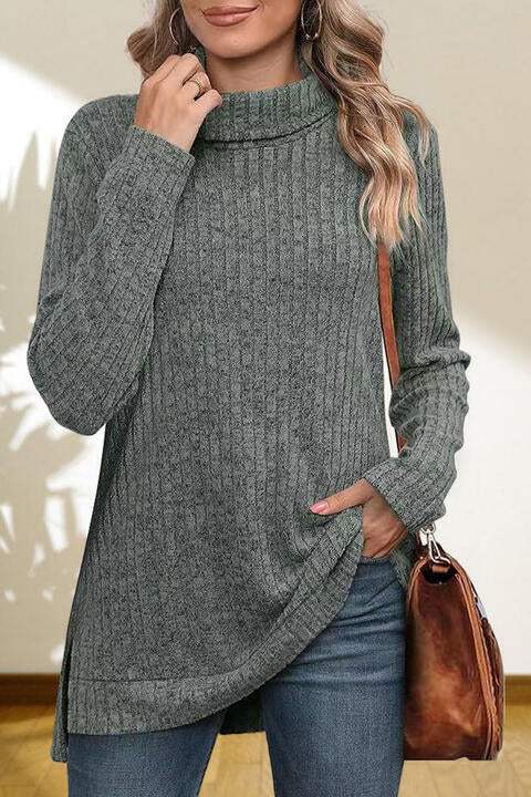 Turtleneck High Low Top Heather Gray Blouses - Tophatter Daily Deals