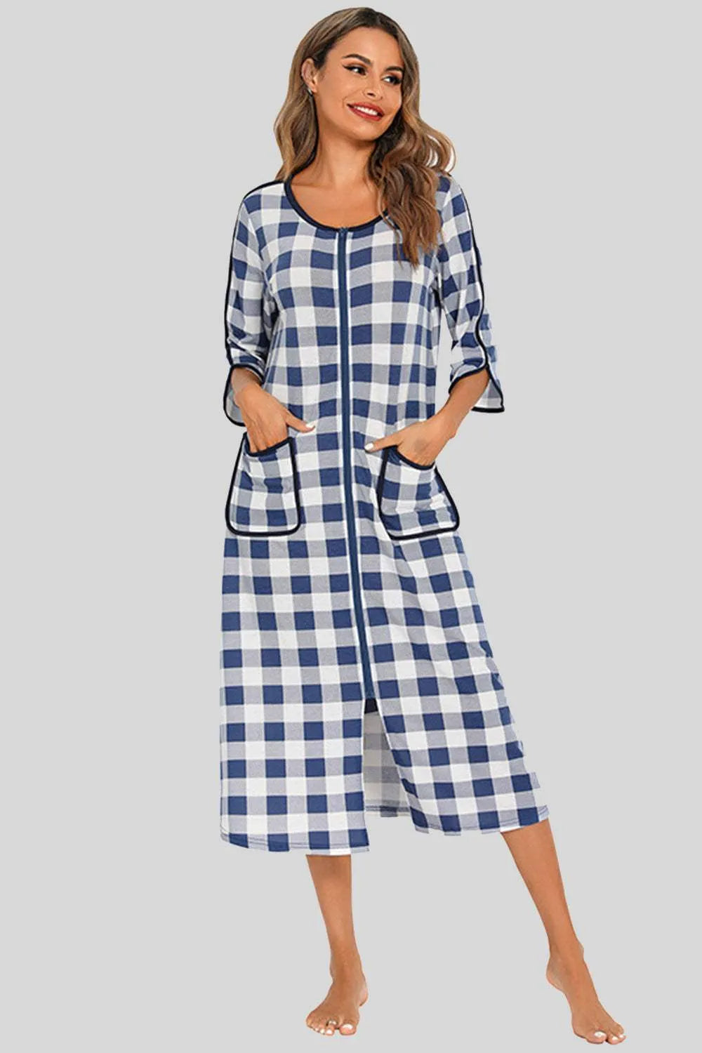 Round Neck Three-Quarter Sleeve Midi Night Dress French Blue Sleep Dresses - Tophatter Daily Deals