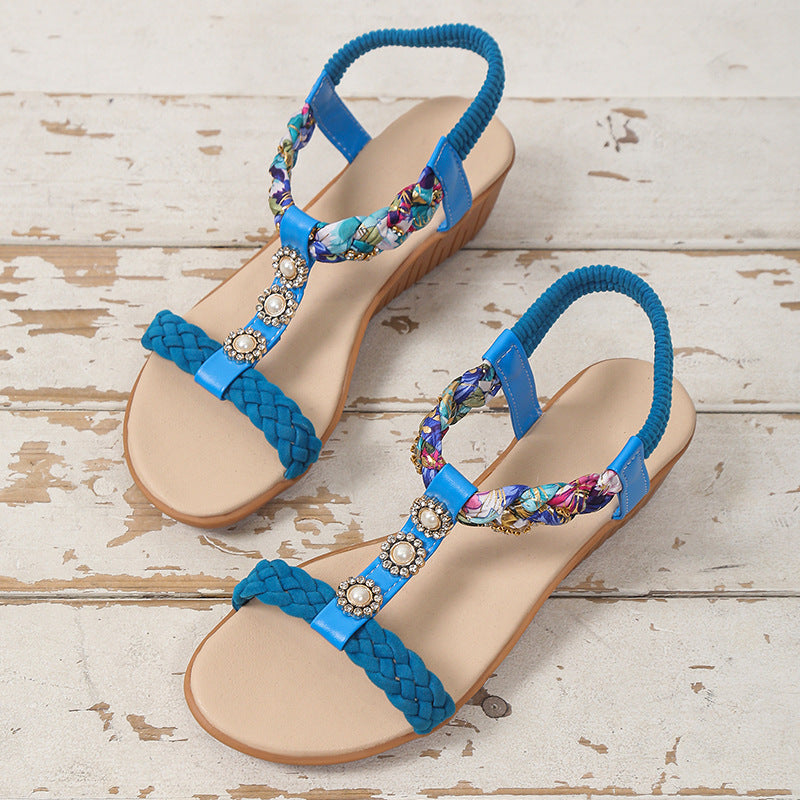 Bohemian Braided Sandals Summer Beach Shoes Women Blue 4 - Tophatter Daily Deals