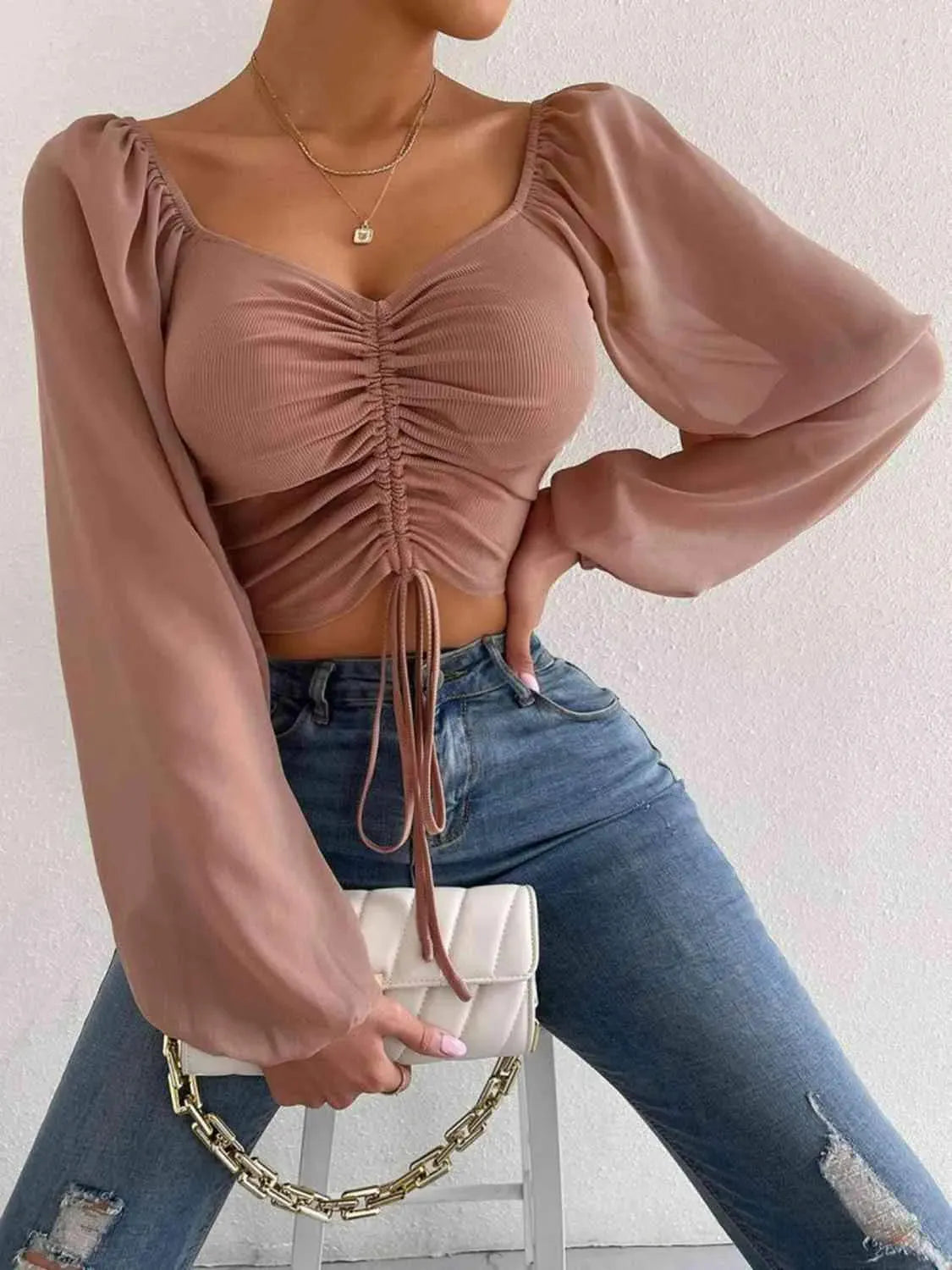 Drawstring Sweetheart Neck Cropped Top Camel Blouses - Tophatter Daily Deals