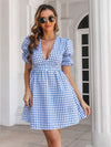 Decorative Button Plaid Short Sleeve Dress Casual Dresses - Tophatter Daily Deals