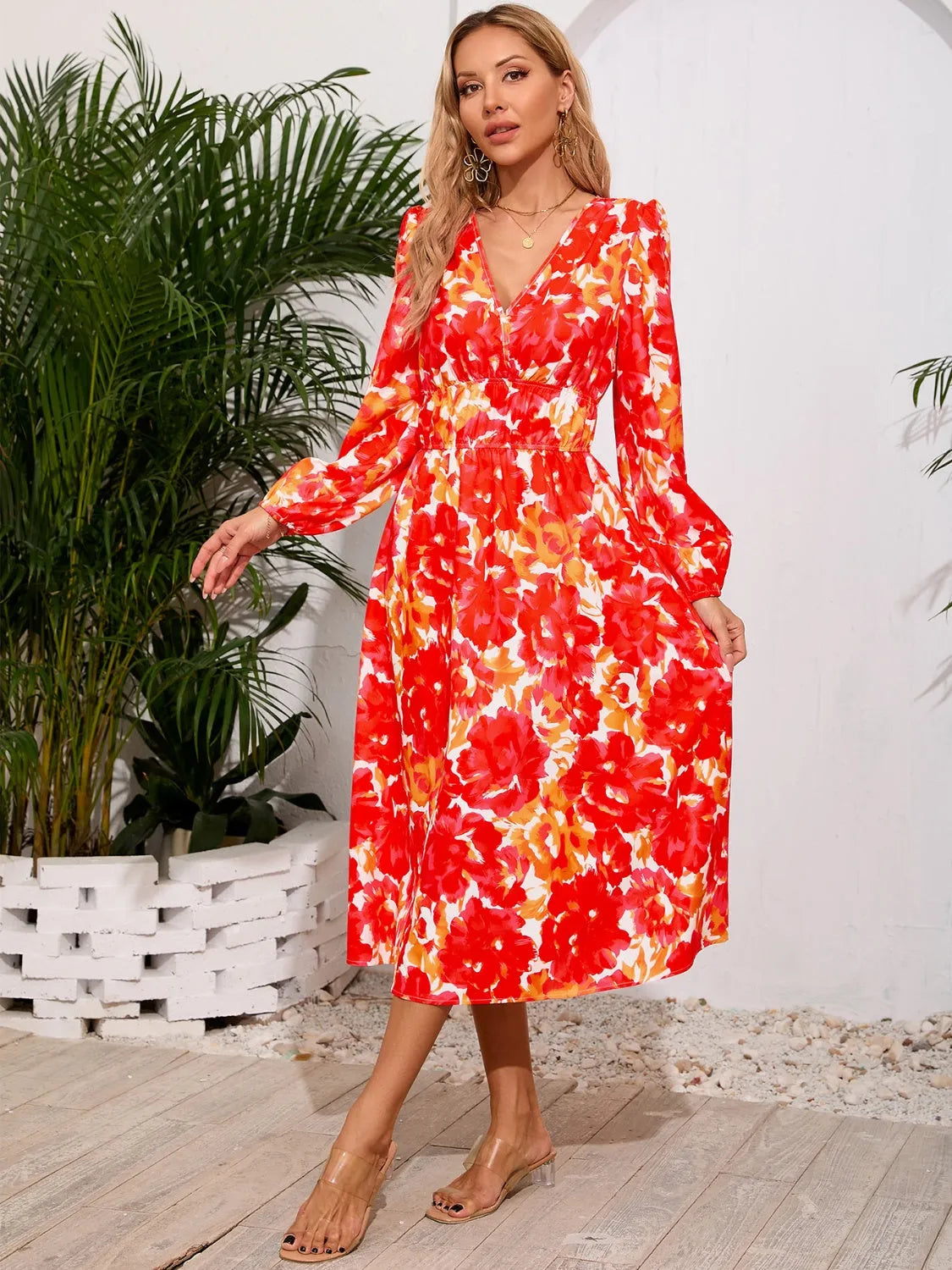 Printed Surplice Long Sleeve Midi Dress Orange Casual Dresses - Tophatter Daily Deals