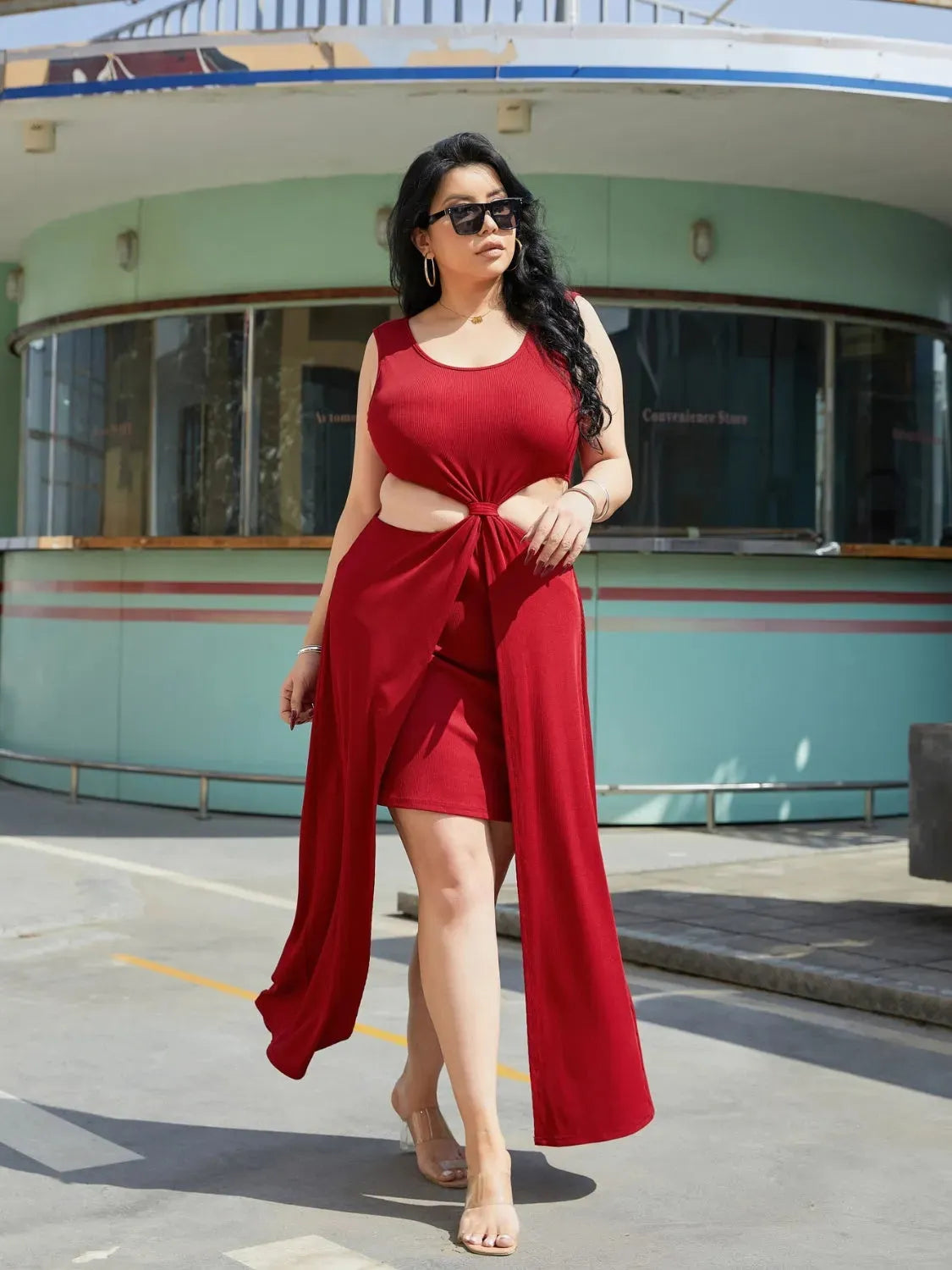 Plus Size Cutout Scoop Neck Sleeveless Dress Deep Red Cocktail Dresses - Tophatter Daily Deals