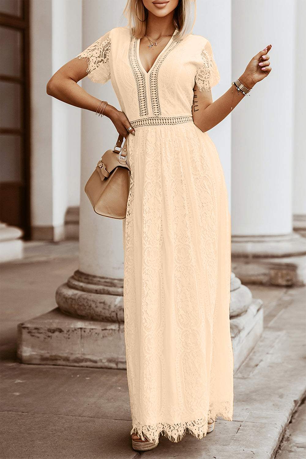 Lace Detail V-Neck Short Sleeve Dress Sand Casual Dresses - Tophatter Daily Deals