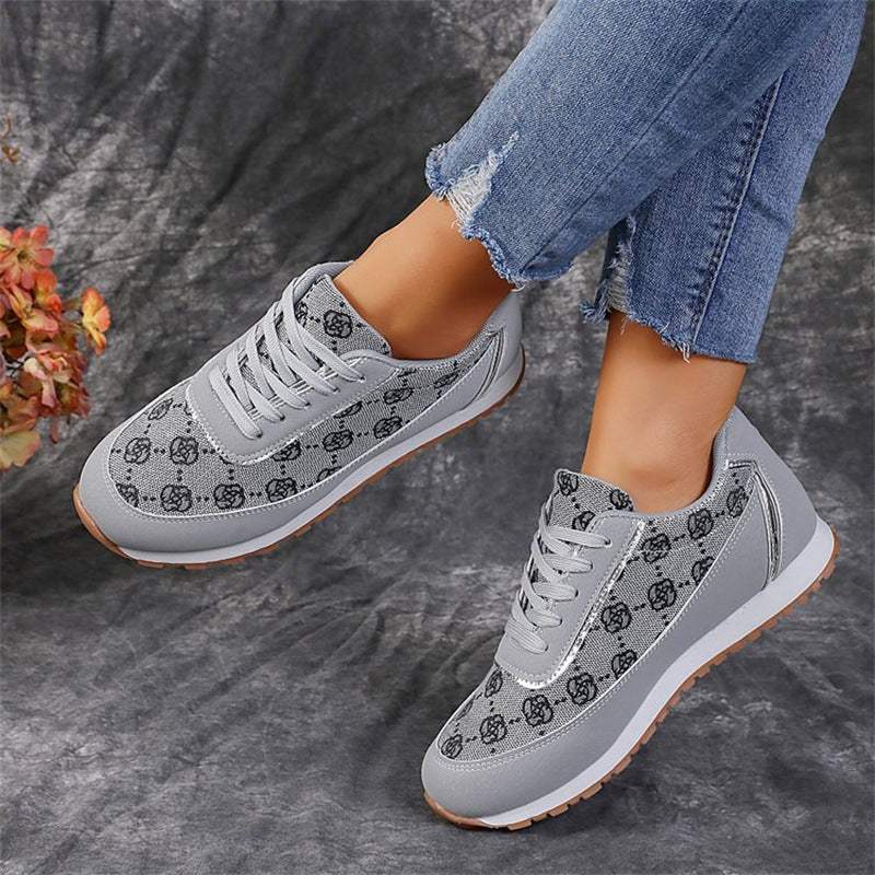 Flower Print Lace-up Sneakers Casual Fashion Lightweight Breathable Walking Running Sports Shoes Women Flats Grey Humidifier - Tophatter Daily Deals