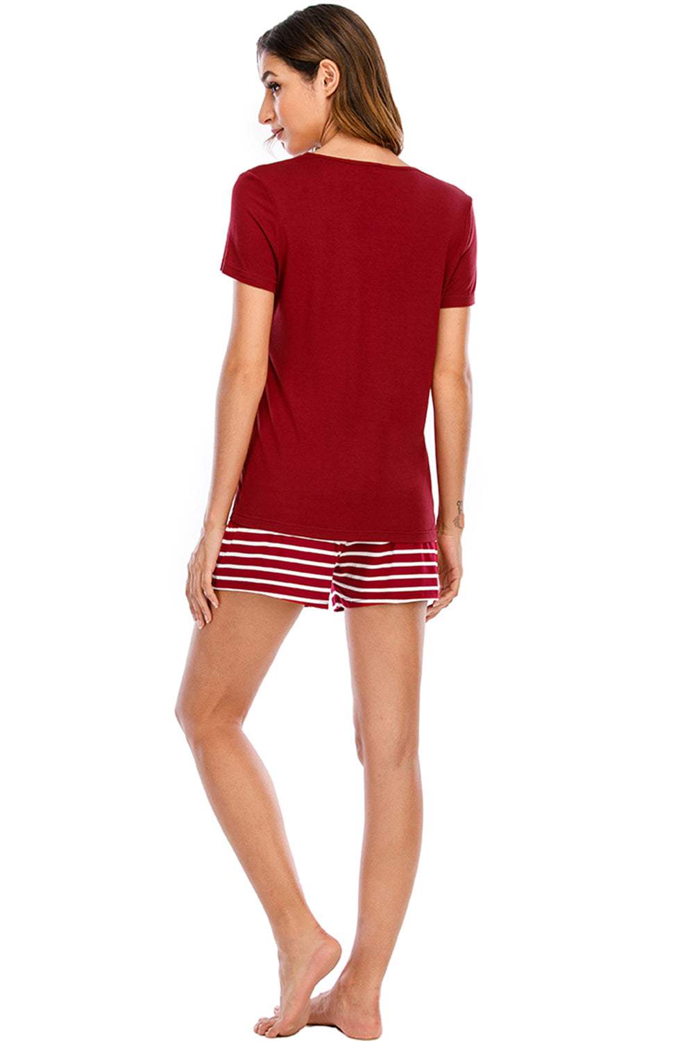 Graphic Round Neck Top and Striped Shorts Lounge Set Loungewear Sets Apparel & Accessories Fast Shipping Free Shipping H#Y Lingerie Sleepwear Loungewear Loungewear Sets New Deals Sexy sexy lingerie Ship From Overseas Ship from USA USA USA STOCK - Tophatter Daily Deals And Savings