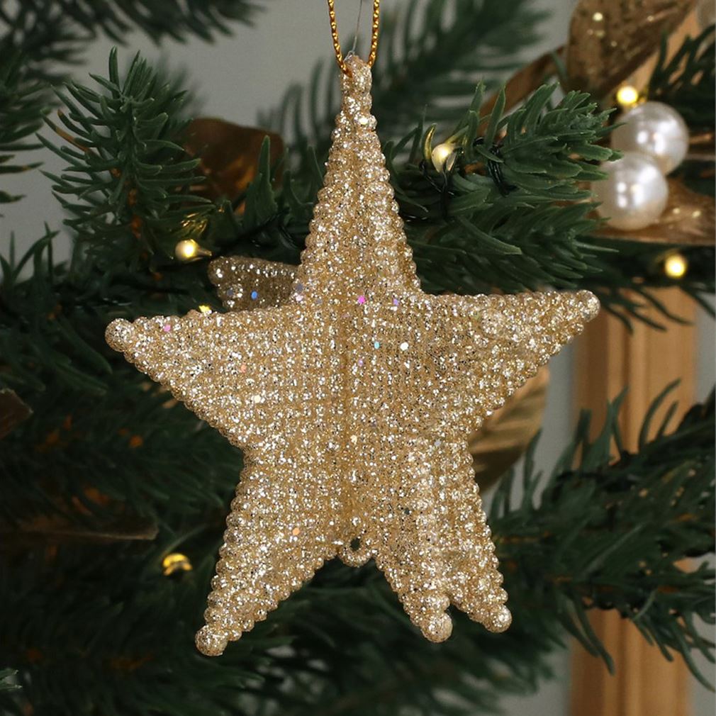 Gold Beaded Star Bauble | Gold Glitter 3D Star Christmas Tree Ornament - 9cm Baubles - Tophatter Daily Deals