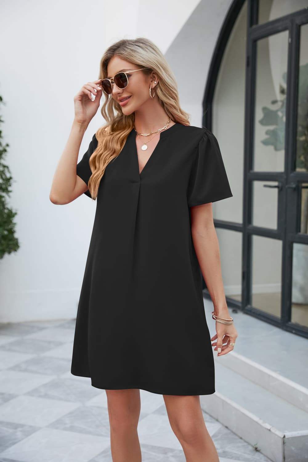 Notched Puff Sleeve Shift Dress Casual Dresses - Tophatter Daily Deals